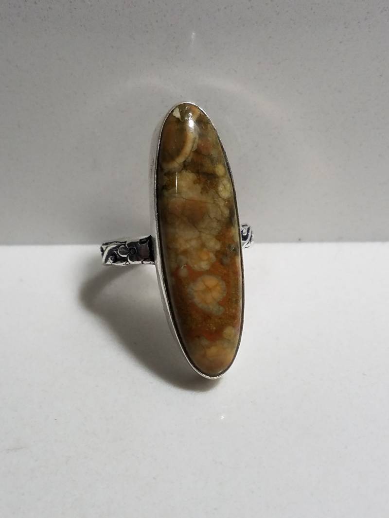 März Geburtstotne Jaspis Alte Handgemachte Ring Markiert.925 Cabochon Natürliche Molted Lünette Set Größe 9 Vintage-Design 1 1/2 "x 1/2" Einzigartig von VINTAGEARTJEWELRY