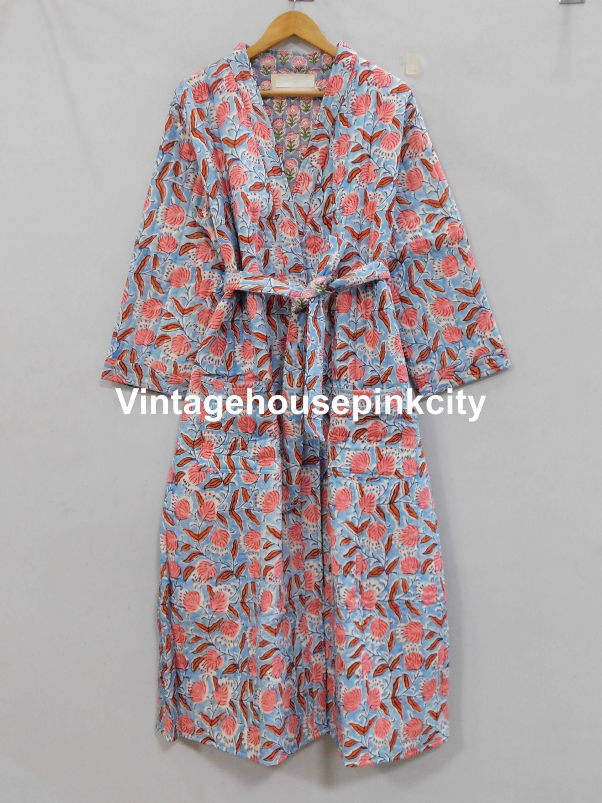 Kimono Mit Blockprint, Kimonojacke Aus Baumwolle, Gesteppter Bademantel, Frauen Tragen Morgenmantel, Warme Winterjacken von VINTAGEHOUSEPINKCITY