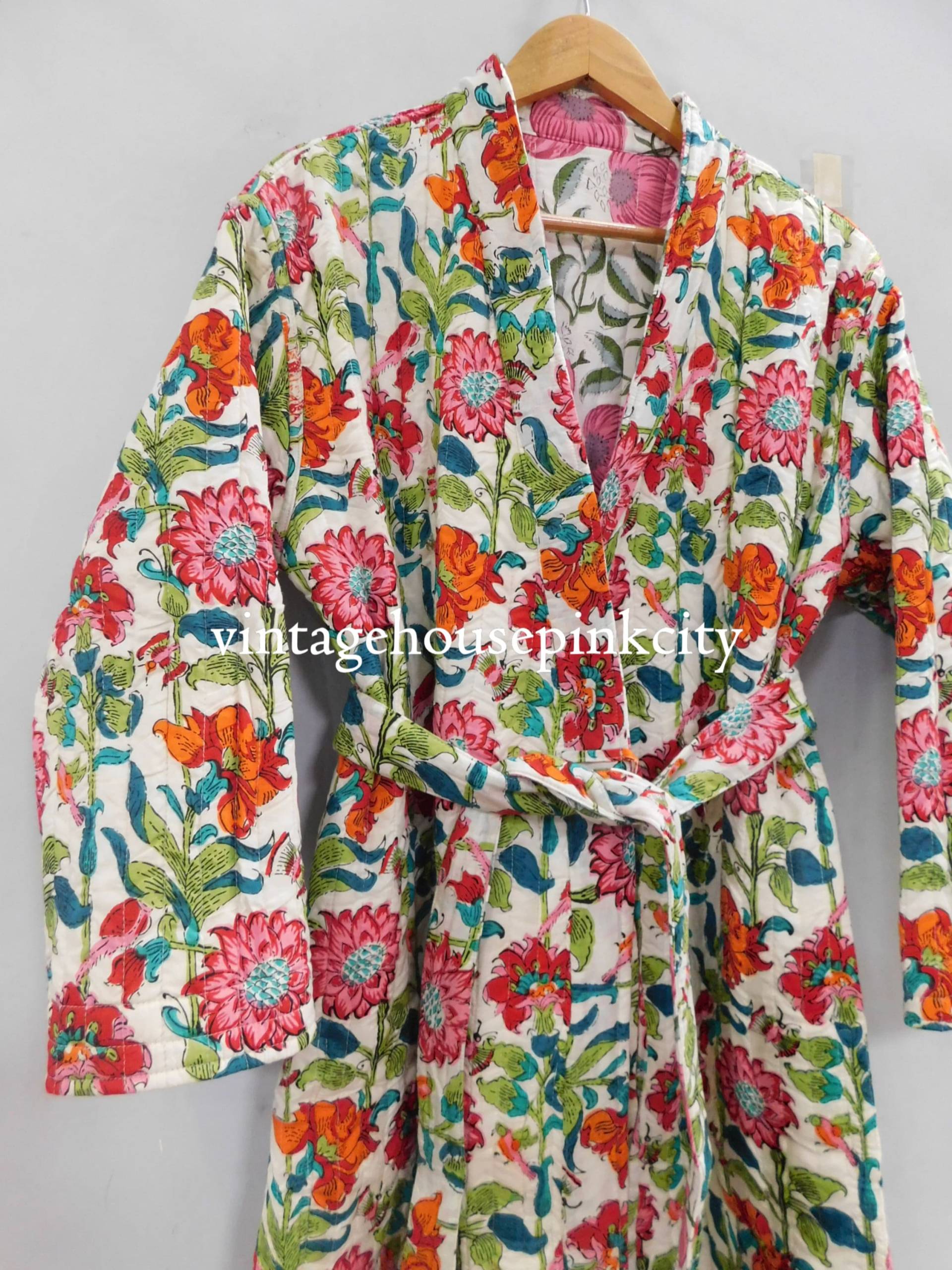 Mehrfarbige Kimono-Jacke, Baumwoll-Morgenmantel, Winter-Warme Lounge-Abnutzungsjacke, Lange Kimono-Jacke Bademäntel Frauen Kleiden von VINTAGEHOUSEPINKCITY