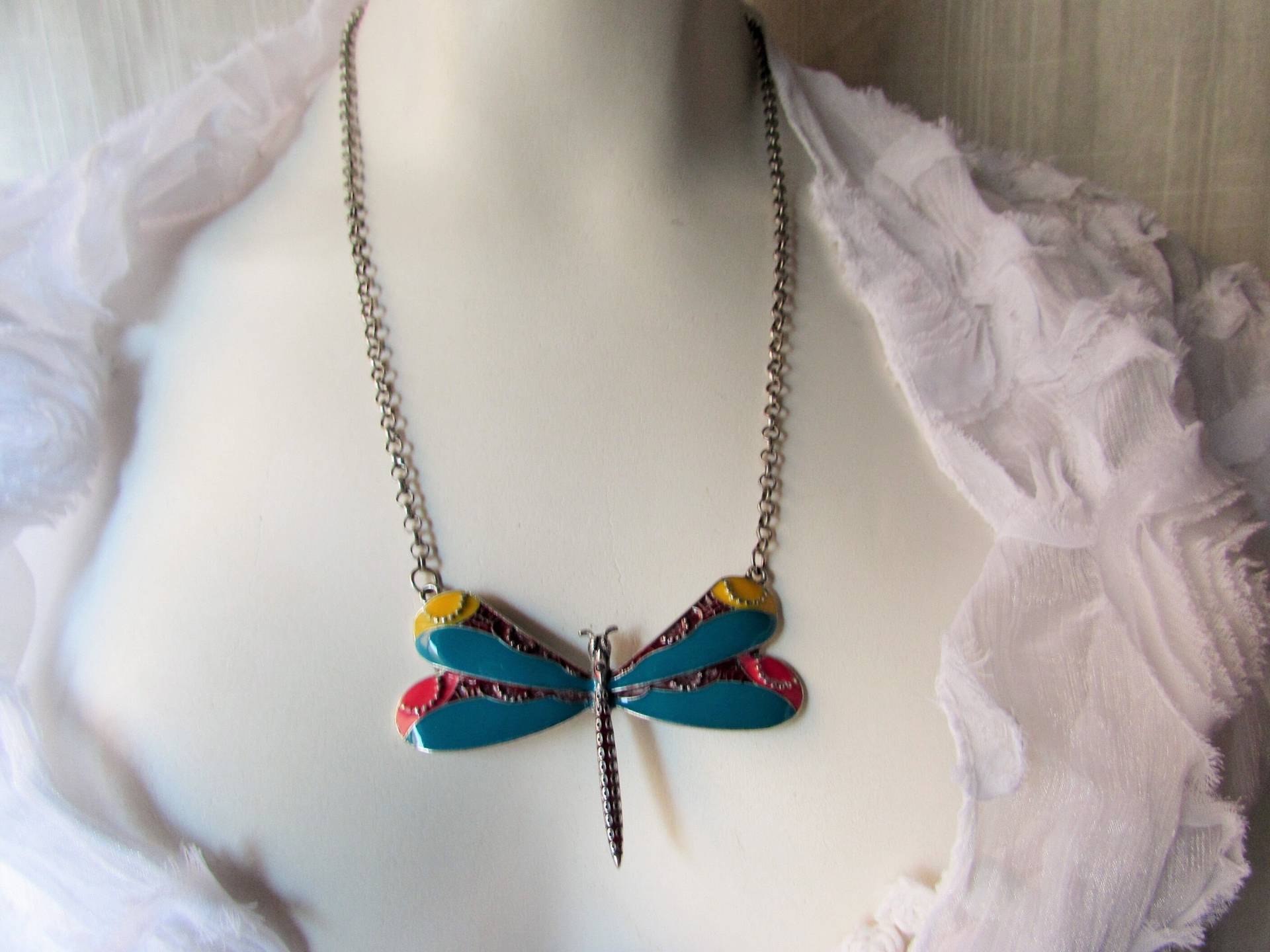 Drachen Fliegen Emaille Lange Kette Petrol/Rot-Lila-Gelb-Silber Vintage Modeschmuck Halskette von VINTAGEVogueWARDROBE
