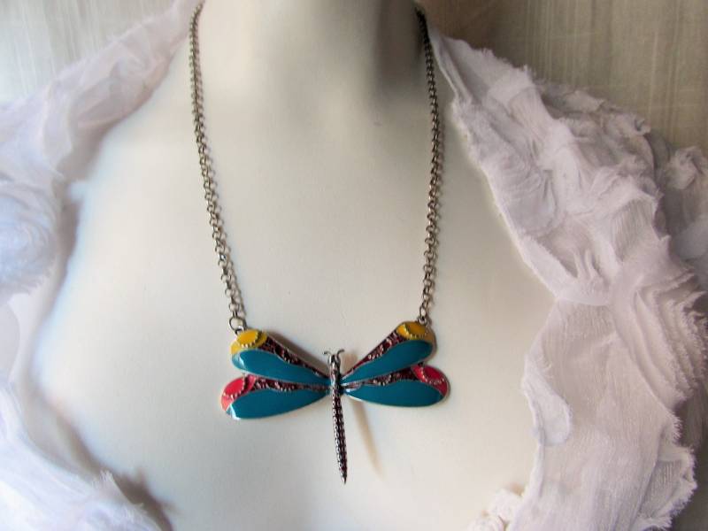 Drachen Fliegen Emaille Lange Kette Petrol/Rot-Lila-Gelb-Silber Vintage Modeschmuck Halskette von VINTAGEVogueWARDROBE