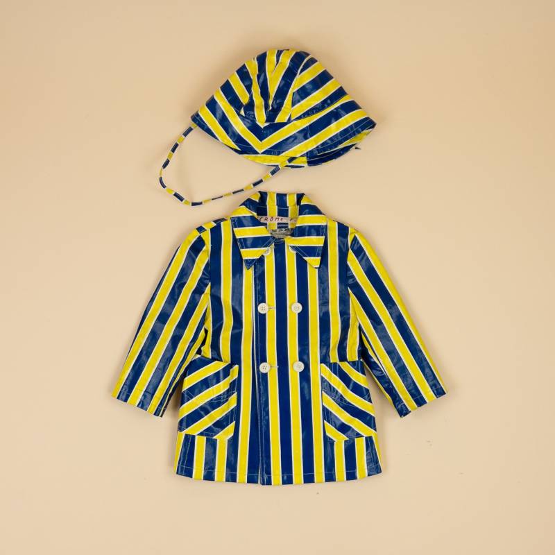 Rainett Blau Und Gelb Gestreifter Regenmantel Mit Hut von VINTANAvintage