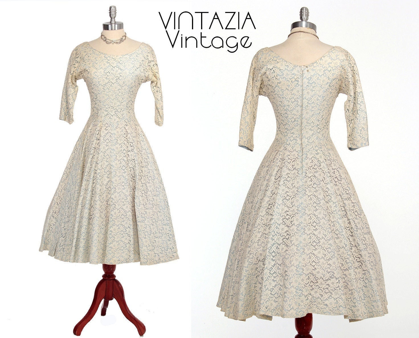 50Er Jahre Blaues Kleid Aus Chantillyspitze von VINTAZIAVintage