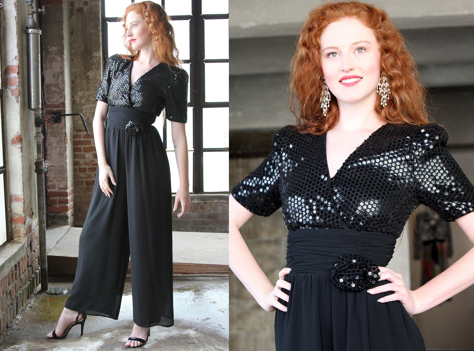 Vintage Schwarz Pailletten Onesie Schwarze Hose Pailletten-Jumpsuit von VINTAZIAVintage