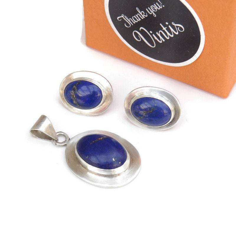 Vintage Sterling Silber Lapis Schmuck Set Ohrringe Und Anhänger von VINTIS