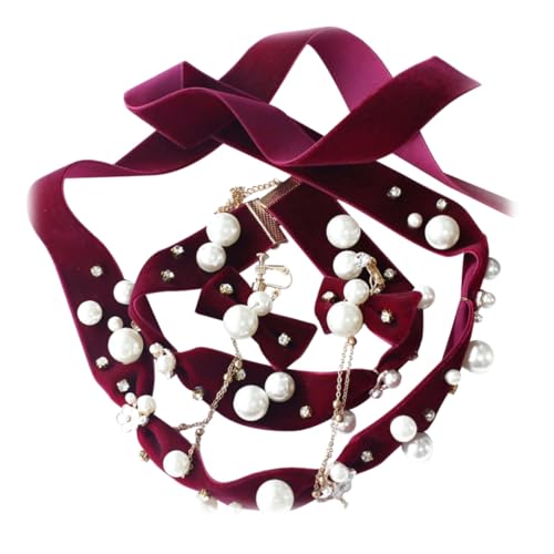 VINTORKY 1 Satz Haarband Set aus Weinrotem Samt mit Perlenverzierung Stilvolles Haaraccessoire für Damen Haarband Halskette und Ohrringen für Besondere Anlässe und Hochzeiten von VINTORKY