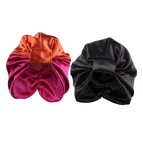 VINTORKY 2stücke Satin Schlafhaube Für Damen Elastische Doppellagige Haube Für Und Schutz Beim Schlafen in Schwarz Und Rosé-orange von VINTORKY