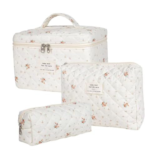 VINTORKY 3stücke Teiliges Set Blumen-Make-up-Tasche Aus Baumwolle Süße Gesteppte Kosmetiktaschen Für Damen Verschiedenen Groß Stiftetui Praktischer Organizer Für Kosmetik Und von VINTORKY