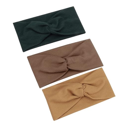 VINTORKY 3 Stücke Breites Stirnband Modisches Gestricktes Haarband mit Knoten Bequemes Yoga und Freizeit Zubehör für Damen Beige Hellbraun und Dunkelgrün von VINTORKY