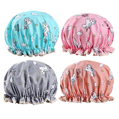 VINTORKY 4 Stück Wasserdichte Duschhauben mit Niedlichem Atmungsaktive Doppellagige Badekappen für Damen und Herren für Spa und Blau Orange von VINTORKY