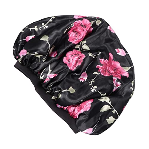 VINTORKY Extra Large Satin Flower Printed Sleep Cap für Damen Elastische Randhaube für Zuhause Salon Dusche Atmungsaktiv und Bequem Schwarz von VINTORKY