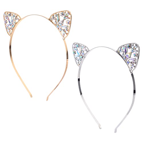 VINTORKY 2stücke Katzen Ohr Haarreif Mit Strass Ohr Kopfschmuck Katzenohren Stirnband Cosplay Stirnband Für Damen Party Festival Halloween von VINTORKY