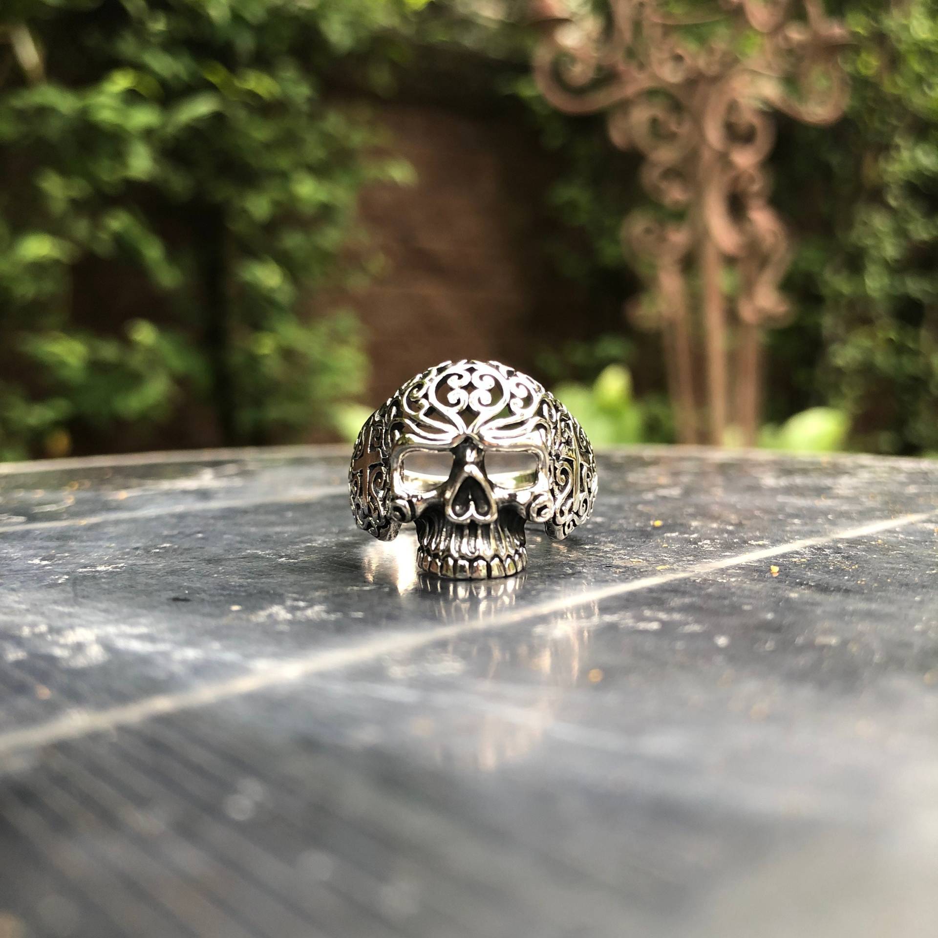 Bali Totenkopf Sterling Silber 925 Ring, Design Floral Mit Kreuz Damen & Herren Handarbeit Massiver Schmuck von VINTZsilverdesign