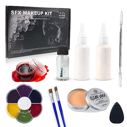 VIOLA HOUSE SFX Makeup, Wunden Schminken Halloween für Narben Wound, Gesicht Body Painting+Narbenwachs+Flüssiglatex+Fake Blut+Spatula+Stipple Schwamm+Pinsel+Scar Öl. Mehrfarbig von VIOLA HOUSE