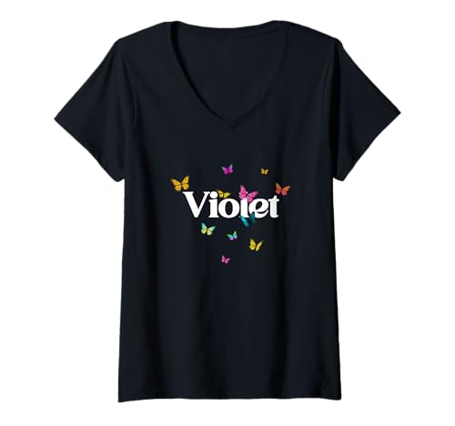 Damen Violet - Schöner Mädchen Name mit bunten Schmetterlingen T-Shirt mit V-Ausschnitt von VIOLET Tochter Enkel Geburtstag Geschenkideen