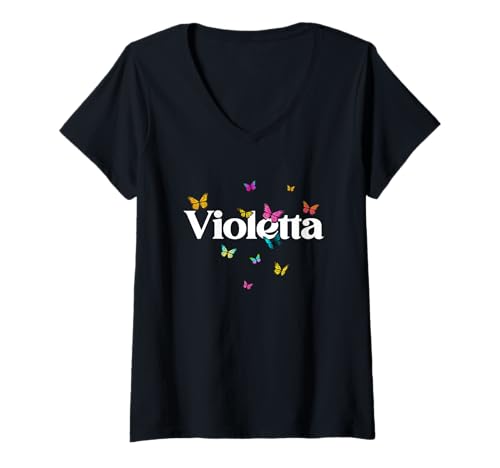 Damen Violetta - Schöner Mädchen Name mit bunten Schmetterlingen T-Shirt mit V-Ausschnitt Damen Violetta - Schöner Mädchen Name mit bunten Schmetterlingen T-Shirt mit V-Ausschnitt von VIOLETTA Tochter Enkel Geburtstag Geschenkideen