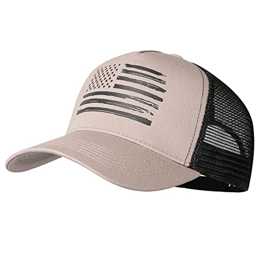 VIONLAN Baseballkappe Amerikanische Flagge Trucker Hut für Männer Frauen 3D geprägtes Logo verstellbar Outdoor Mesh Snapback Hut, Khaki/Schwarze Flagge, Einheitsgröße von VIONLAN