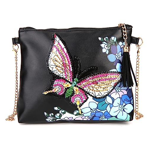 VIONNPPT 5D DIY Diamantmalerei Reisen Handtasche, Diamond Art Painting CrossbodyTasche mit Kette, Handgemachte Kunst Schultertasche für Kinder und Erwachsene (Schwarz) von VIONNPPT