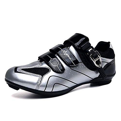 VIPBQO Hochwertige Rennradschuhe Für Herren/Damen Fahrradschuhe Mit Schloss Und Klettverschluss Größe 36-46 (37,Silber) von VIPBQO