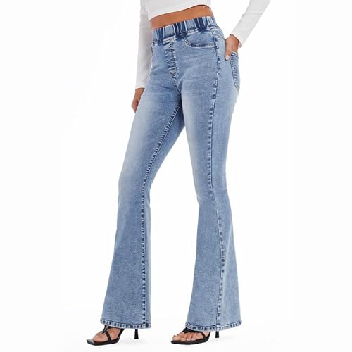 VIPONES Bell Bottom Jeans für Frauen Pull-on Zerrissen Hohe Taille Flare Jeans Elastische Taille Raw Hem Stretch Skinny Denim Hosen, 253-Blau, 36 von VIPONES