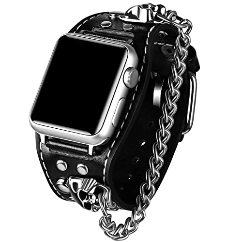 VIQIV Schwarzes Lederarmband mit Totenkopf-Manschette, kompatibel mit Apple Watch, Ultra 49 mm, 44 mm, 2 SE für Herren und Damen, personalisierte Punk-Rock-Steampunk-Uhren-Armband Für iWatch-Armband von VIQIV