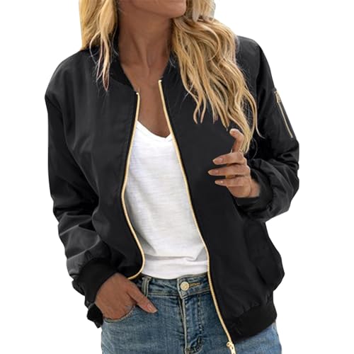 Blouson Damen, Herbst Solid Kurze Outdoorjacke Schwarz Kuschelige Übergangsjacke Frühlingsjacke Casual Langarm XL Fliegerjacke Reißverschluss Leichte Blouson Jacke Pilotenjacke Bomberjacke von VIRACIN