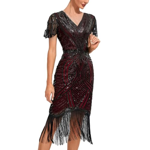 VIRACIN Flapper Kleid 20er Jahre, Cocktail Runder Ausschnitt Vintage 1920s Kleid Große Größe Elegant Pailletten Charleston Kleid Faschingskostüme Flapper Quasten Saum Fransenkleid Gatsby Abendkleid von VIRACIN