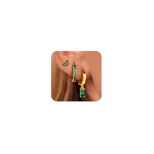 VIROMY 3 Paar Ohrringe Gold Set für Damen 14 Karat Vergoldete Exquisite Emerald Zirconia Gold Ohrstecker Creolen Ohrringe Set für Mehrere Piercings(Stil4) von VIROMY