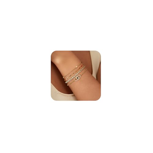 VIROMY 4PCS Gold Armbänder für Frauen 14K Gold Plattiert Stapelbar Armband Mode Devil's Eye Zirkon Link Verstellbare Kette Zierlich Schmuck Geschenke für Frauen von VIROMY
