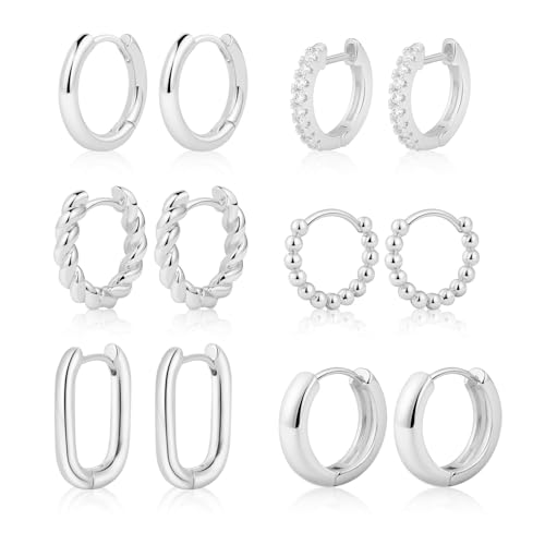 VIROMY 6 Paar Silber Klobige Reifen Ohrringe Set für Frauen 14K Vergoldet Verdreht Huggie Hoop Ohrring Leicht Klobige Reifen Ohrringe Schmuck für Geschenke von VIROMY