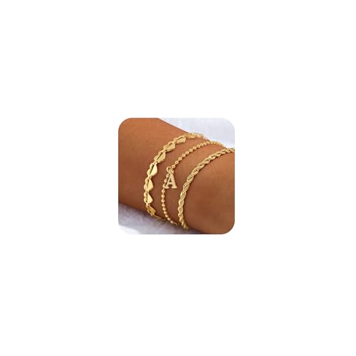 VIROMY Gold-Armbänder für Frauen 14k Vergoldet Anfänglichen Geschichteten Armband Minimalistischen Verdrehten Seil Herz Perle Link Schmuck Geschenke für Sie A von VIROMY