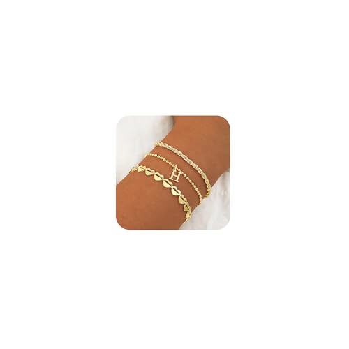 VIROMY Gold-Armbänder für Frauen 14k Vergoldet Anfänglichen Geschichteten Armband Minimalistischen Verdrehten Seil Herz Perle Link Schmuck Geschenke für Sie H von VIROMY