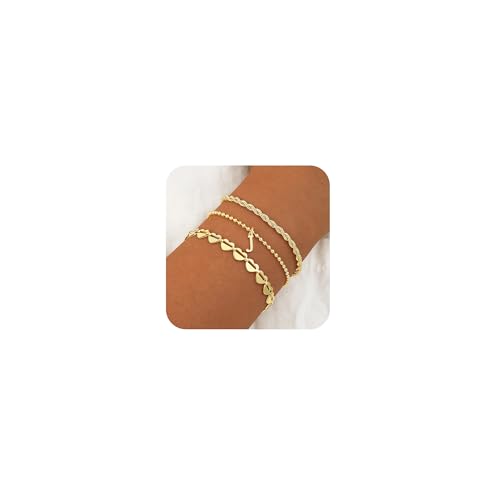 VIROMY Gold-Armbänder für Frauen 14k Vergoldet Anfänglichen Geschichteten Armband Minimalistischen Verdrehten Seil Herz Perle Link Schmuck Geschenke für Sie J von VIROMY