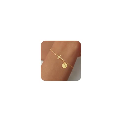 VIROMY Gold Armbänder für Frauen Dainty Cross Chain 14K Gold Plattiert Ursprüngliche D Anhänger Armband für Frauen Charm Letter Chain Dainty Nicht Anlaufender Schmuck von VIROMY