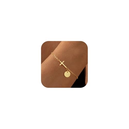 VIROMY Gold Armbänder für Frauen Dainty Cross Chain 14K Gold Plattiert Ursprüngliche W Anhänger Armband für Frauen Charm Letter Chain Dainty Nicht Anlaufender Schmuck von VIROMY
