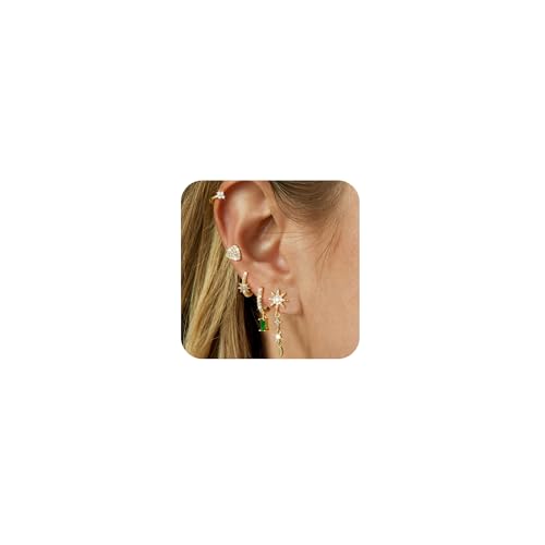 VIROMY Ohrringe Gold 5 Paar 14-Karätig Vergoldete Niedliche Runde Achtzackige Mangoförmige Zirkonia-Quastenanhänger Gold Ohrringe Set für Mehrere Piercings von VIROMY