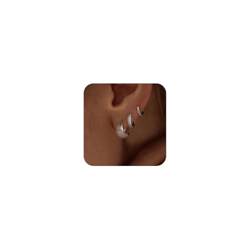 VIROMY Ohrringe Silber Kleine Silber Reif Ohrring Set für Frauen Chunky Hoop Ohrringe Tiny Lightweight CZ für Frauen Trendy Schmuck Geschenk von VIROMY