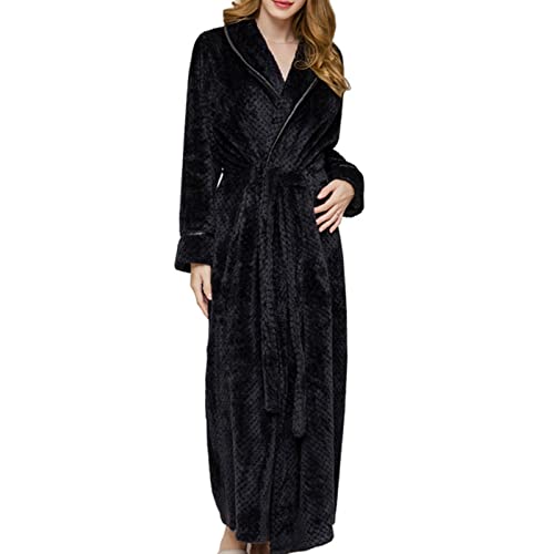 VIROYA Bademantel Winter Schlaf Bademantel Damen Herren Warm Fleece Bademäntel Bademantel Einfarbig Verdicken Knöchellang Bademantel Nachtkleid Nachtwäsche, Schwarz , M von VIROYA