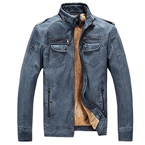 VIROYA Herren Lederjacke Motorrad Lederjacken Oberbekleidung Bequeme Mode Tops Herren Lederjacke Fleece Lose Lederjacke PU Herren (Color : Blau, Size : L) von VIROYA