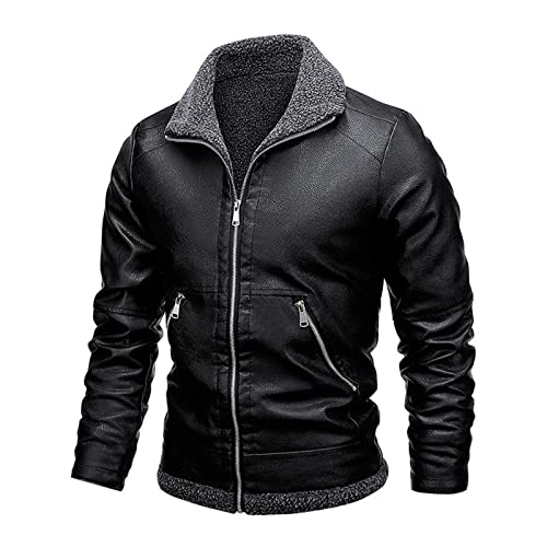 VIROYA Lederjacken für Herren, PU Motorrad Reißverschluss Blet Slim Fit Biker Mantel Revers Plüsch Herren PU Leder Mantel, Schwarz , L von VIROYA