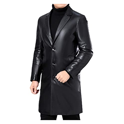 VIROYA Trench Leather Windbreaker Herren & Super lange knielange Herren Lederjacke verdickte Wolle inne Mäntel (Color : Black, Size : L) von VIROYA