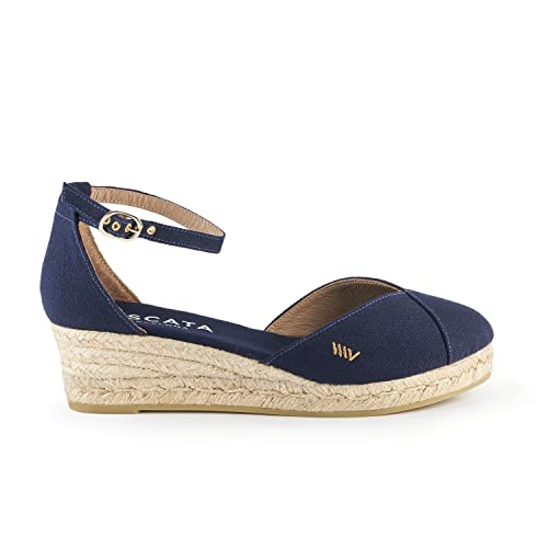 VISCATA Barcelona Handgefertigt in Spanien Formiga Canvas 5,1 cm Keilabsatz, Knöchelriemen, geschlossene Zehenpartie, klassischer Espadrillesabsatz, Navy, 36 EU von VISCATA