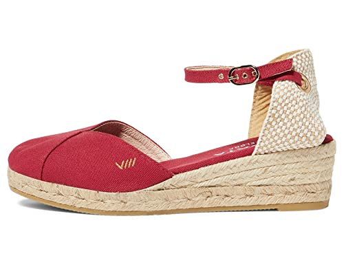 VISCATA Pubol Espadrille Keilabsatz Geschlossene Zehe mit Knöchelriemen Handgemacht 5,1cm Absatz Damen Sandalen mit atmungsaktivem Leinen/Baumwollleinen, natürliche Jute-Zwischensohle. Cherry, 37.5EU von VISCATA