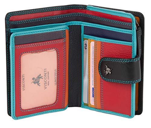 VISCONTI ® Leder Geldbeutel Damen RFID Schutz Geldbörse Damen Portemonnaie Bifold Mehrfarbig Portmonee in Geschenk-Box ''Rainbow''(RB51 Black Multi) von VISCONTI