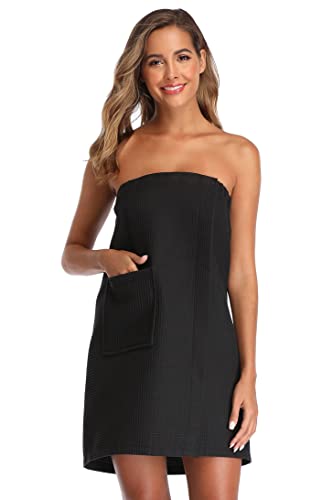 VISHOP Damen-Bademantel mit verstellbarem Verschluss, Waffelmuster, mit Tasche, Schwarz, Large-X-Large von VISHOP