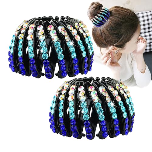 2PCS Bird's Nest Hair Clip Clips, Strassstein Versenkbare Pferdeschwanz Clips, Starker Halt Haar, Haar Bun Clip Zubehör für Frauen und Mädchen (Blau) von VISIOLEX