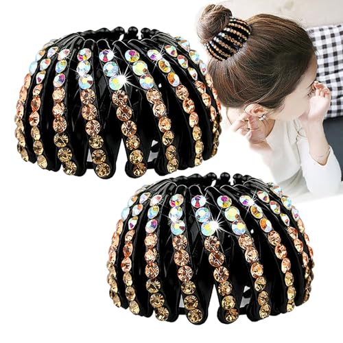2PCS Bird's Nest Hair Clip Clips, Strassstein Versenkbare Pferdeschwanz Clips, Starker Halt Haar, Haar Bun Clip Zubehör für Frauen und Mädchen (Curry) von VISIOLEX