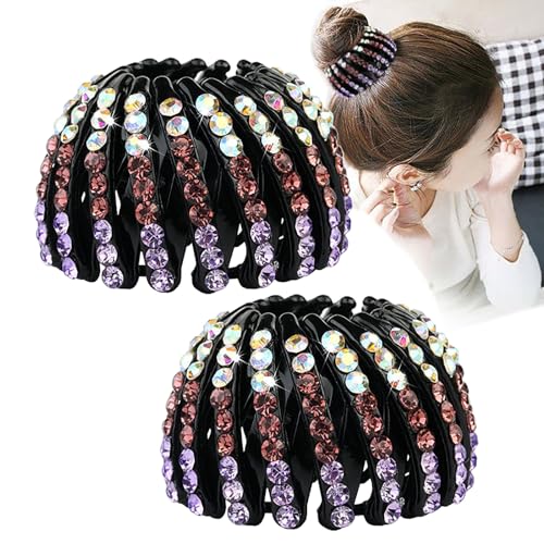 2PCS Bird's Nest Hair Clip Clips, Strassstein Versenkbare Pferdeschwanz Clips, Starker Halt Haar, Haar Bun Clip Zubehör für Frauen und Mädchen (Hellviolett) von VISIOLEX
