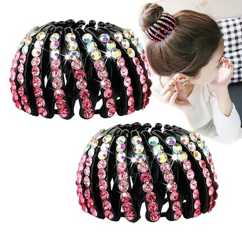 2PCS Bird's Nest Hair Clip Clips, Strassstein Versenkbare Pferdeschwanz Clips, Starker Halt Haar, Haar Bun Clip Zubehör für Frauen und Mädchen (Rosa) von VISIOLEX