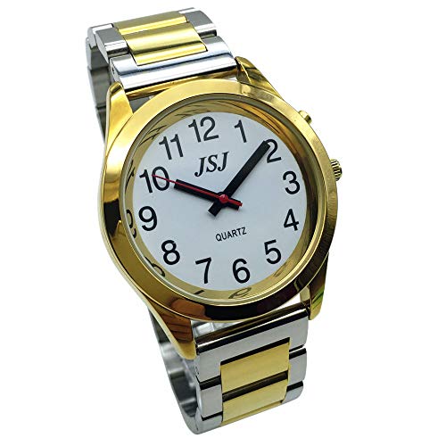 VISIONU Deutsch Sprechende Armbanduhr mit Wecker, Ansage von Uhrzeit und Datum, Weißes Ziffernblatt (Bicolor Metallband mit Faltschließe, 38 mm) von VISIONU